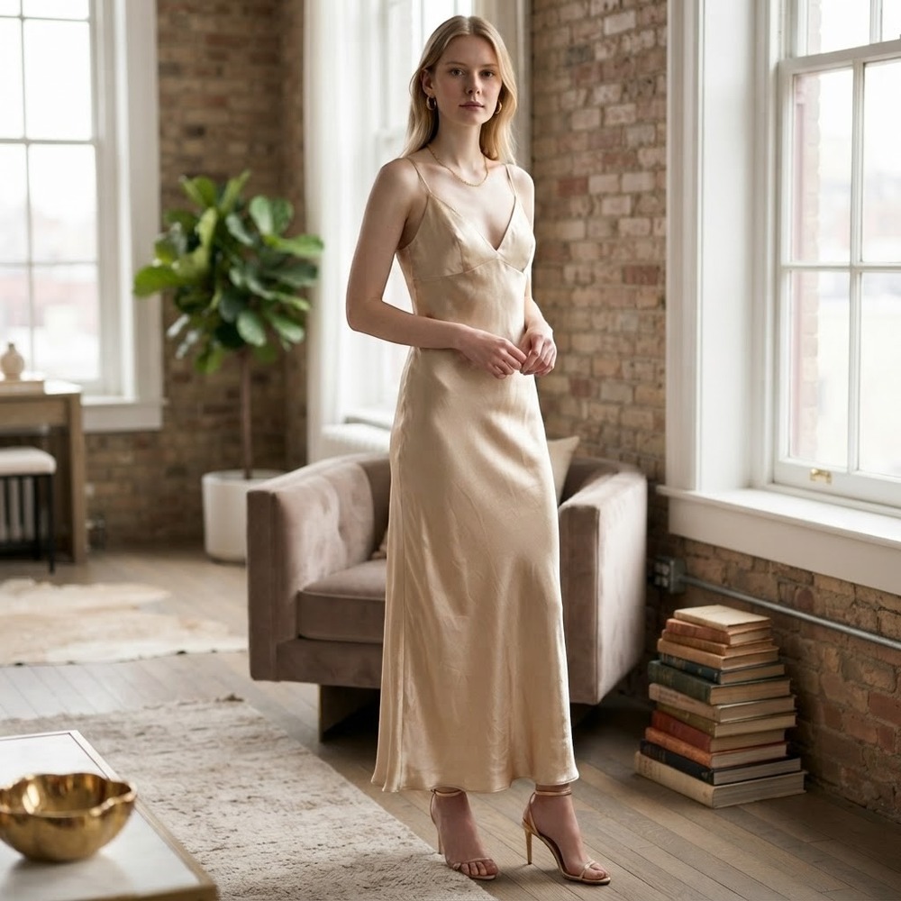 Jenny Yoo Collection Gown Womens 10 Gold Quiet Luxury V-Neck Satin Maxi Dress